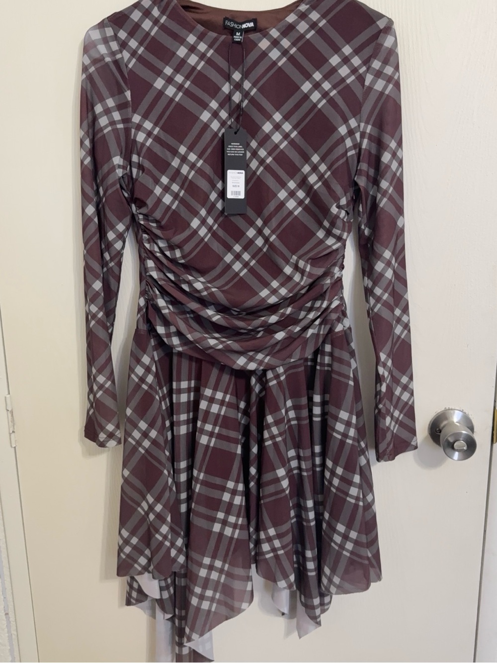 Fashion Nova Burgundy Plaid Ruched Long-Sleeve Fit-and-Flare Dress